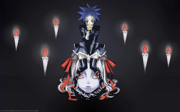 Road Kamelot (D.Gray-man) anime 2K Quad HD PC desktop wallpaper: gothic image of Road seated above a pale masked head, red ribbons and floating candles framing the dark background.