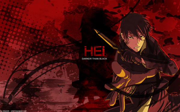 Hei (Darker than Black) crouched with blade, yellow scarf and dark coat against a blood-red grunge background — HD anime PC desktop wallpaper.
