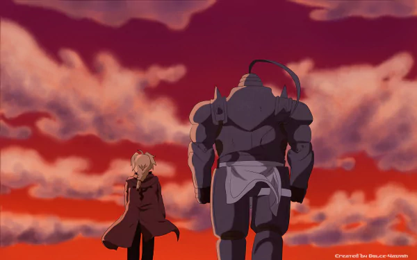 A stunning 4K Ultra HD wallpaper featuring Alphonse and Edward Elric from the anime Fullmetal Alchemist against a vibrant sunset sky.