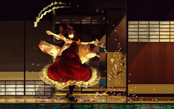 HD PC desktop wallpaper featuring Reimu Hakurei from the anime Touhou, depicted dancing gracefully indoors with petals swirling around her.