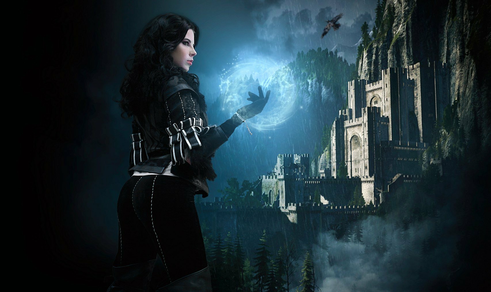A brunette woman in Yennefer of Vengerberg cosplay conjures magic in front of a dramatic castle backdrop, inspired by The Witcher 3: Wild Hunt. HD desktop wallpaper.