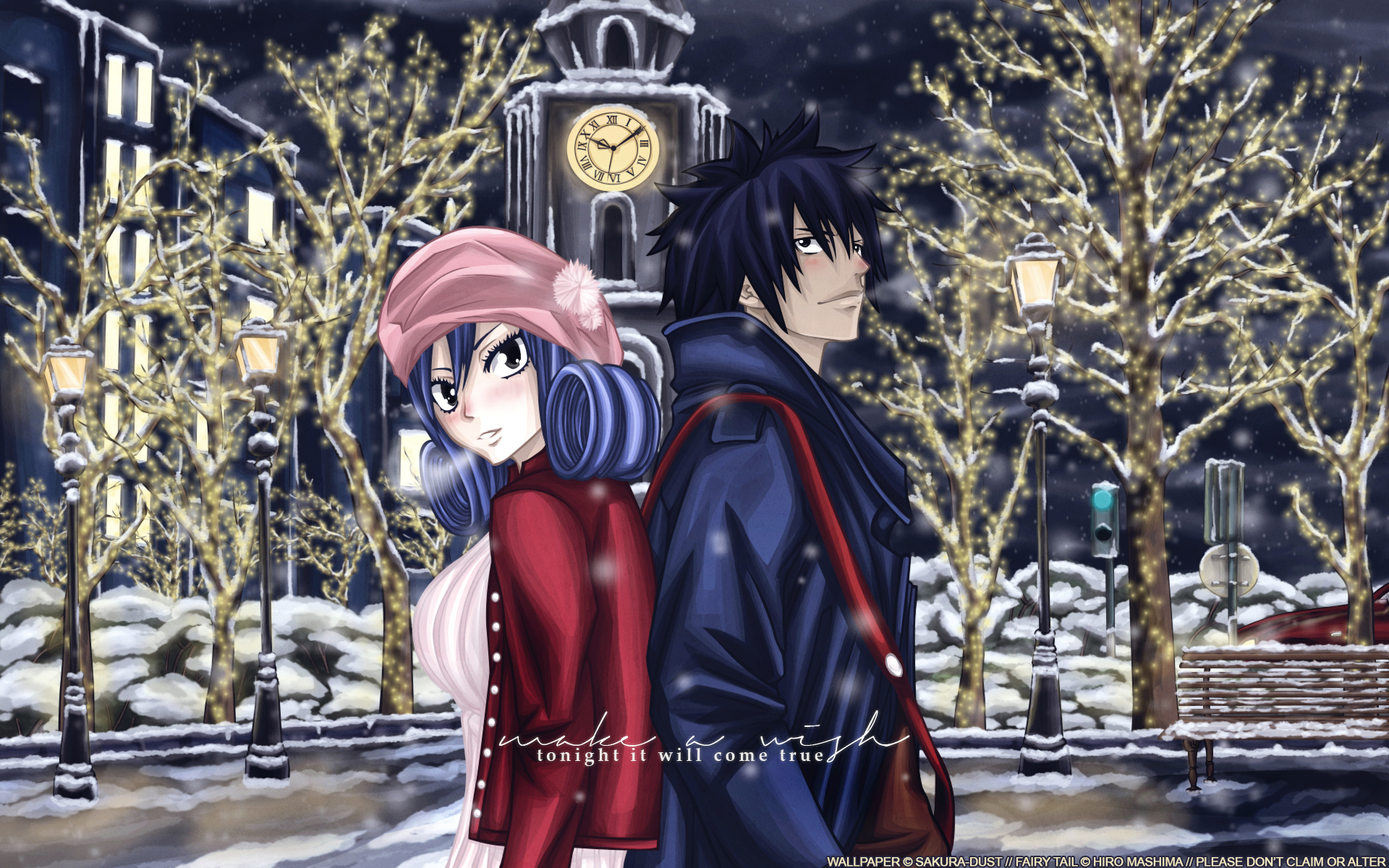 HD anime wallpaper featuring Juvia Lockser and Gray Fullbuster from Fairy Tail standing back-to-back in a snowy, illuminated cityscape at night.