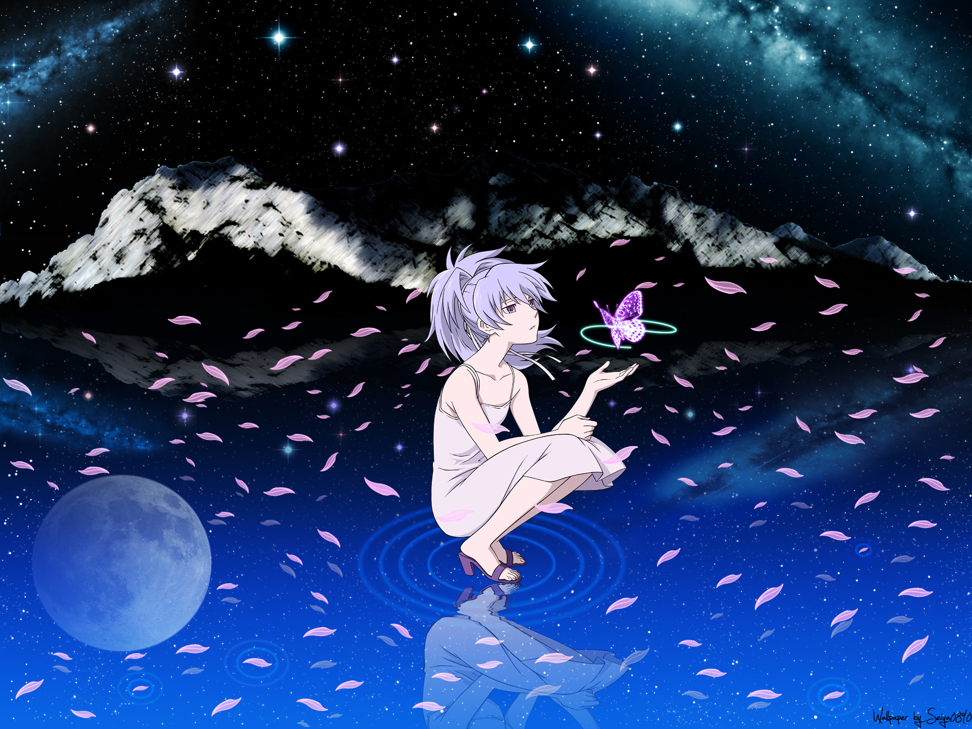 Yin from Darker Than Black crouches on a reflective surface under a starry sky with mountains, surrounded by falling petals and a glowing butterfly in this HD anime desktop wallpaper.