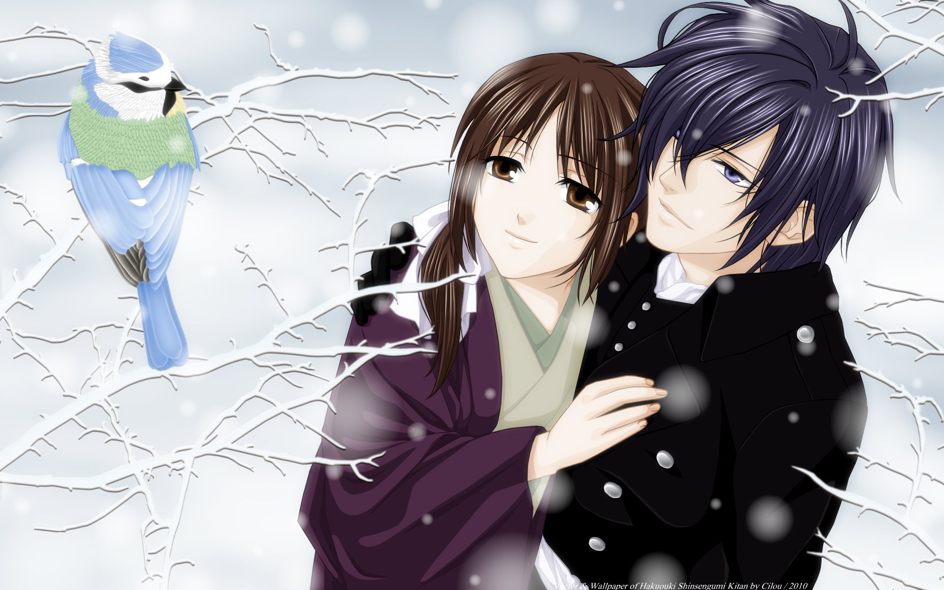 Anime HD PC desktop wallpaper featuring two characters from Hakuouki Shinsengumi Kitan surrounded by snowy branches and a perched blue bird.