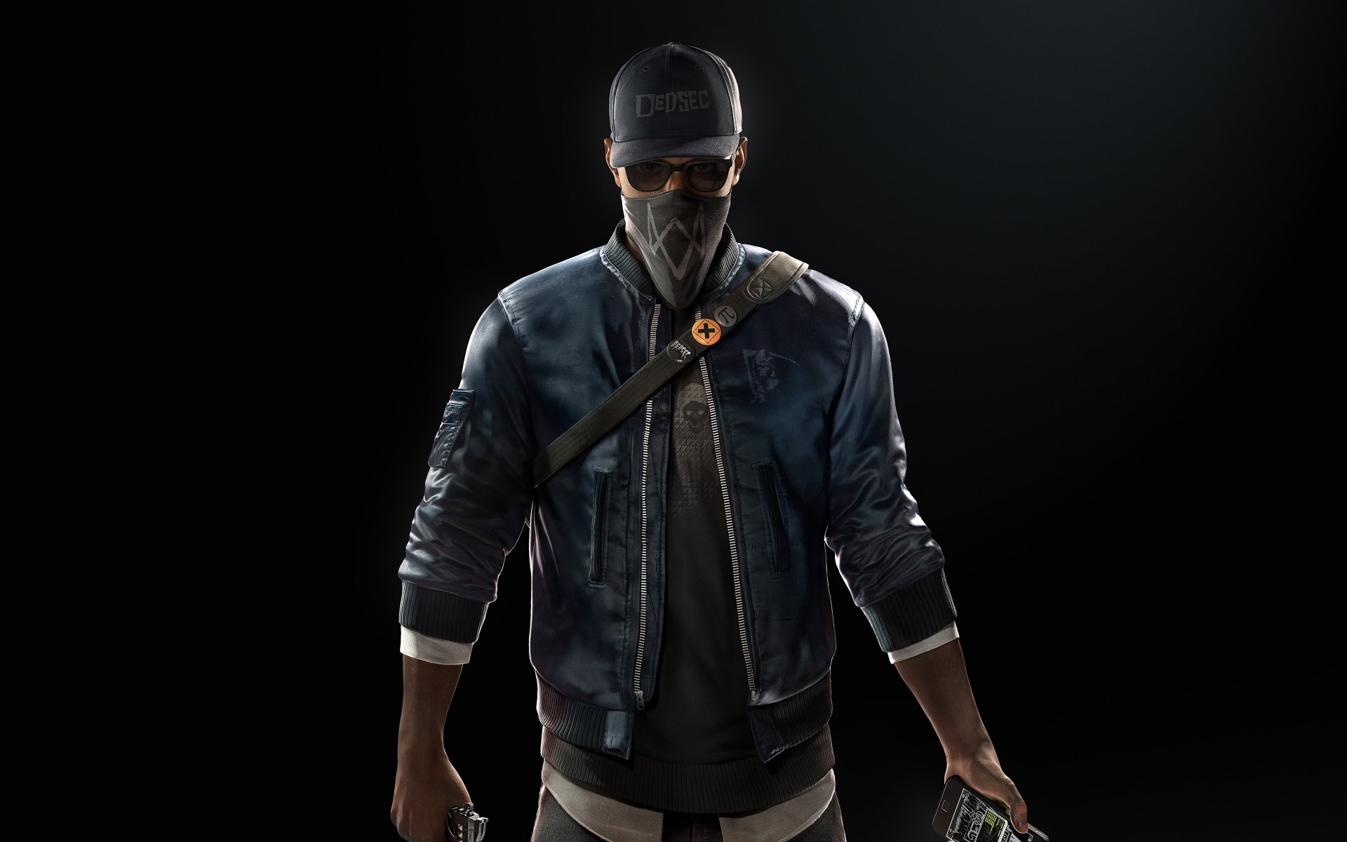HD desktop wallpaper of Marcus Holloway from the video game Watch Dogs 2, showcasing him in a dark jacket and cap, standing against a dark background.