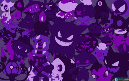 A vibrant HD wallpaper featuring a diverse group of Pokémon in shades of purple, showcasing various characters from the anime series in a dynamic, engaging design.