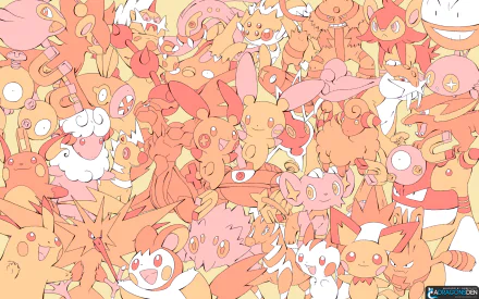 HD PC desktop wallpaper featuring a vibrant, pastel-themed collection of Pokémon characters in an anime-inspired style.
