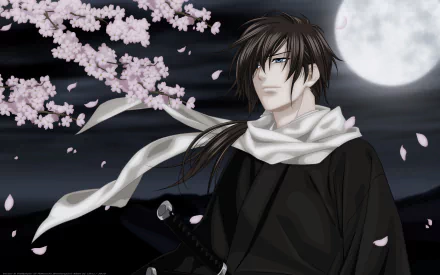 Anime Hakuouki Shinsengumi Kitan 2K Quad HD PC desktop wallpaper and background: brooding long-haired samurai in black with a flowing white scarf, cherry blossoms and a full moon night.