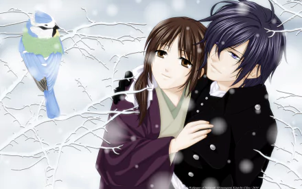 Anime HD PC desktop wallpaper featuring two characters from Hakuouki Shinsengumi Kitan surrounded by snowy branches and a perched blue bird.