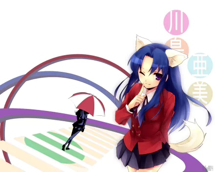 HD desktop wallpaper of Ami Kawashima from the Toradora! anime — blue-haired girl in a red blazer with fox ears, smiling beside colorful arcs and a small silhouette holding an umbrella.