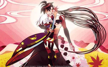 A vibrant HD wallpaper featuring Togame and Shichika Yasuri from the anime Katanagatari, surrounded by colorful landscapes and dynamic swirling patterns.