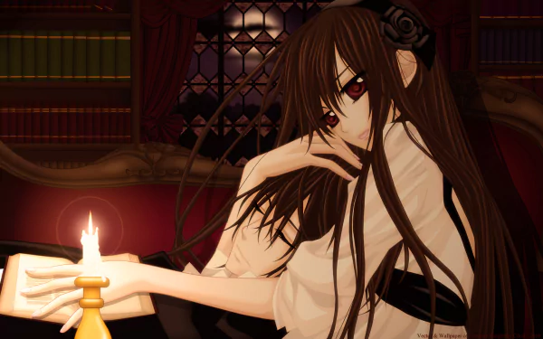A cozy scene featuring Yuki Kuran from Vampire Knight, seated with a book and candle, surrounded by shadows, embodying a blend of romance and mystery in this captivating anime wallpaper.