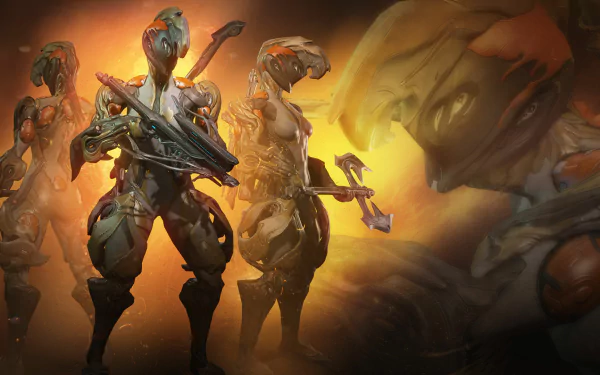 An HD wallpaper featuring Ember from the video game Warframe, showcasing her dynamic pose and futuristic design against a striking orange background.