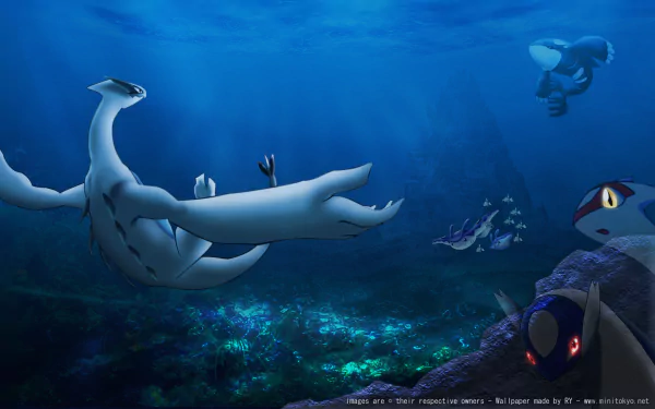 A vibrant underwater scene featuring Latias, Latios, Lugia, Mantine, Mantyke, Remoraid, and Kyogre from Pokémon, showcasing their dynamic interactions in a stunning HD wallpaper.