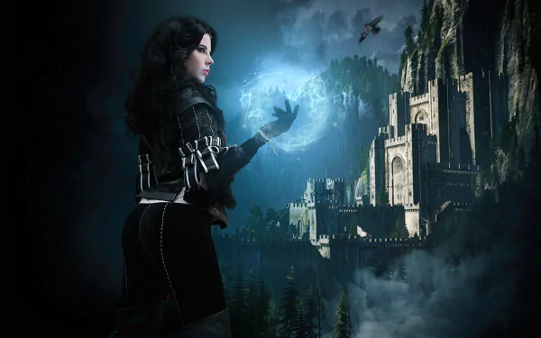 A brunette woman in Yennefer of Vengerberg cosplay conjures magic in front of a dramatic castle backdrop, inspired by The Witcher 3: Wild Hunt. HD desktop wallpaper.