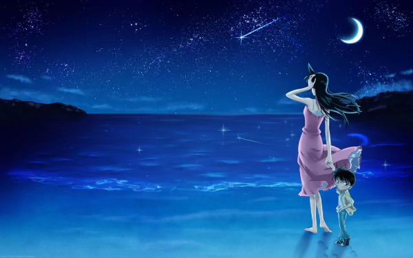 A serene HD wallpaper features Ran Mouri and Conan Edogawa gazing at the starry night sky over the ocean, beautifully capturing the essence of Detective Conan.