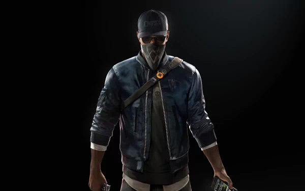 HD desktop wallpaper of Marcus Holloway from the video game Watch Dogs 2, showcasing him in a dark jacket and cap, standing against a dark background.