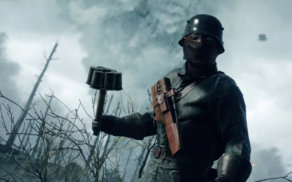 A soldier from the video game Battlefield 1 stands confidently amidst a smoky battlefield, gripping a grenade in one hand and showcasing a tense war atmosphere. HD wallpaper quality.
