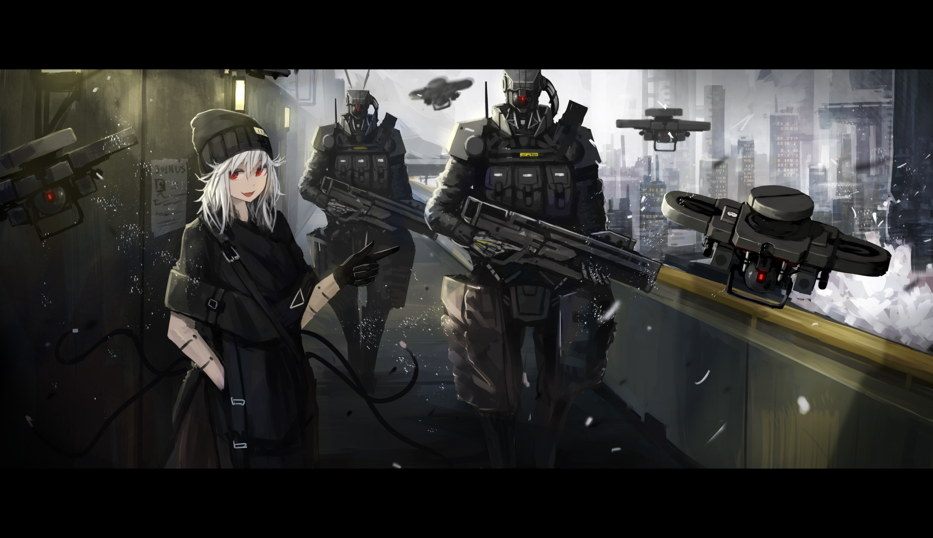 HD anime sci-fi desktop wallpaper featuring a white-haired character with armed soldiers and drones in a futuristic city background.