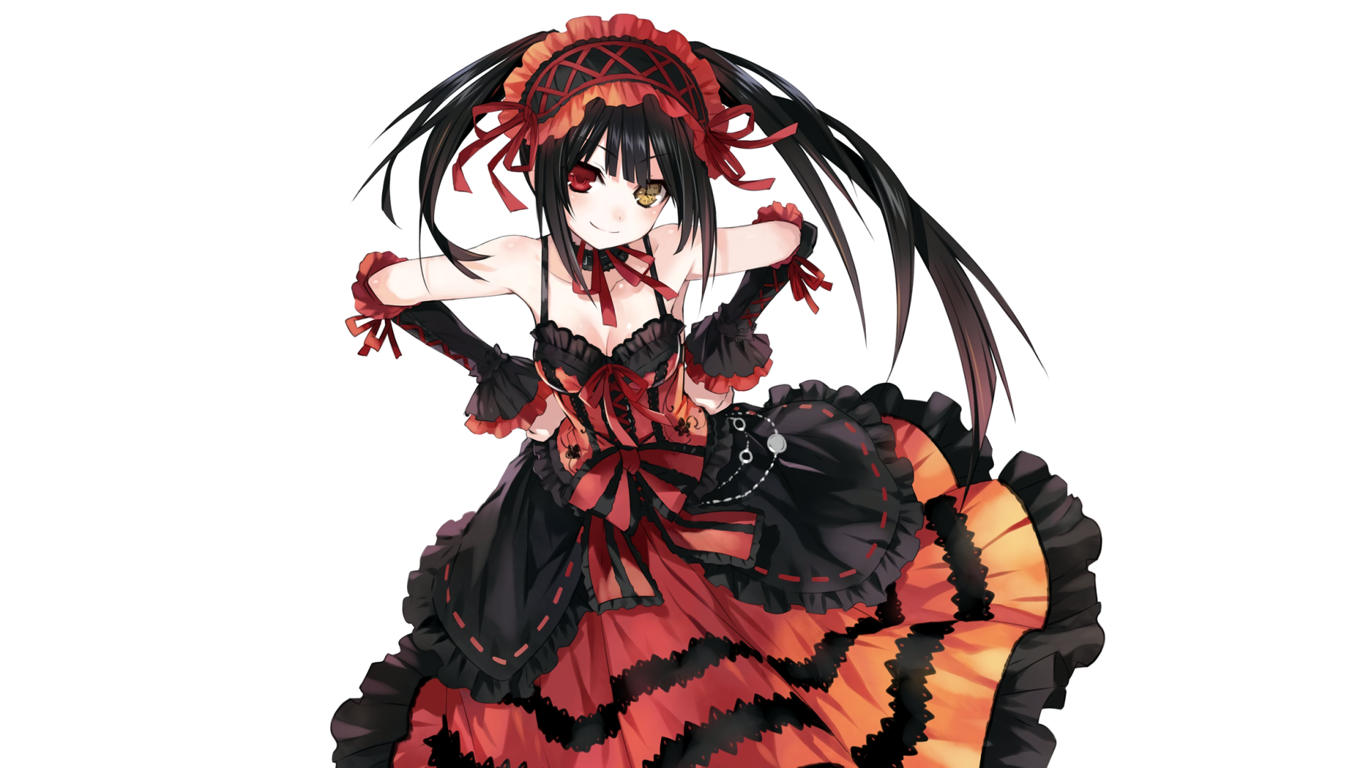 HD wallpaper featuring Kurumi Tokisaki from the anime Date A Live, showcasing her in a striking black and red dress with playful details and dramatic poses.
