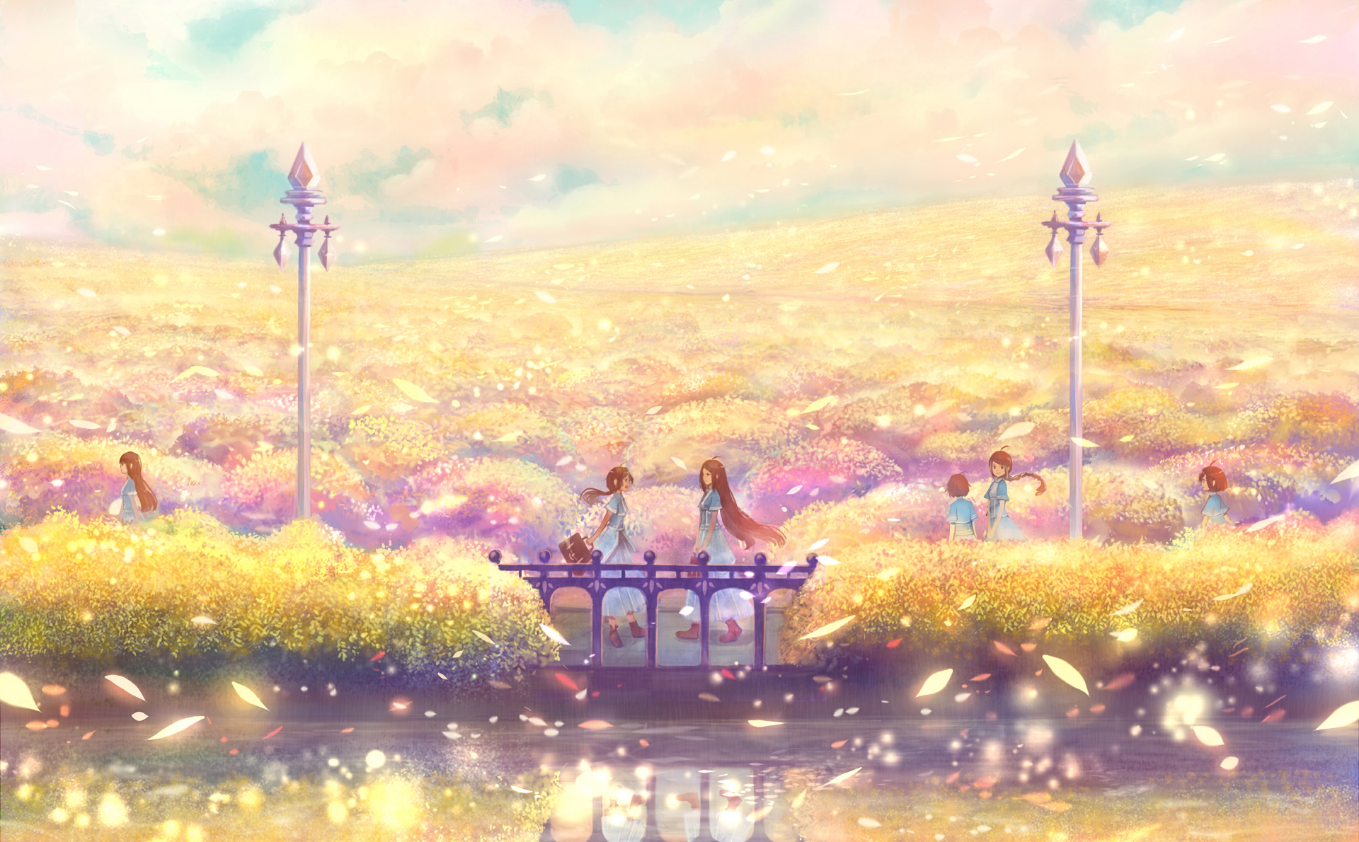 A serene anime scene featuring figures walking through fields of flowers, with a bridge and soft, colorful lighting, creating a dreamlike atmosphere for a HD desktop wallpaper.