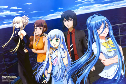 A vibrant 4K Ultra HD wallpaper featuring characters Gunzou Chihaya, Hyuuga, Takao, Kongou, and Iona from the anime Arpeggio of Blue Steel, set against a stunning ocean backdrop.