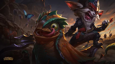 A vibrant 4K Ultra HD wallpaper featuring Kled from League of Legends, showcasing his dynamic character alongside a whimsical creature in an action-packed scene.