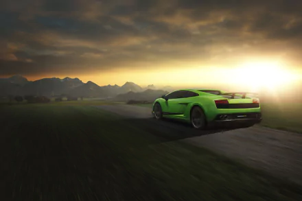 A vibrant green Lamborghini Gallardo Superleggera speeding down a road at sunset, captured in high-definition for a dynamic PC desktop wallpaper background.