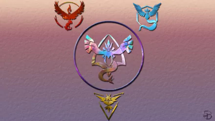 HD desktop wallpaper featuring Articuno, Zapdos, Moltres, and Lugia from Pokémon Go, representing Team Mystic, Team Instinct, Team Valor, and Team Harmony, with elegant and colorful team emblems.