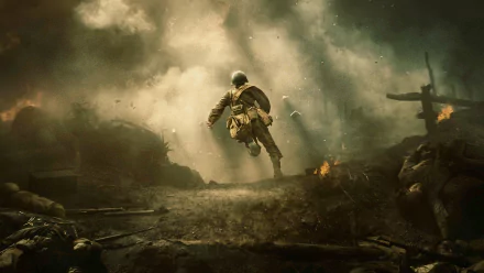 A gripping scene from the World War II film Hacksaw Ridge, featuring a soldier bravely charging through smoke and chaos on the battlefield, captured in stunning HD detail.