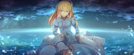 HD wallpaper featuring Saber from Fate/Stay Night, depicted in anime style with a serene celestial background. The character is dressed in a flowing white dress, illuminated by sparkling light.