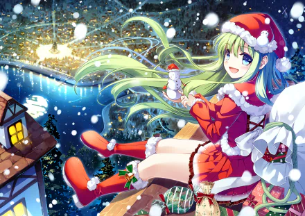 A cheerful anime character in a Christmas outfit sits on a rooftop, holding a snowman, with a snowy landscape and glowing city lights in the background. Ideal HD wallpaper for the season.