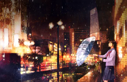 Anime-style HD wallpaper depicting a person with short hair standing in a city at night, holding an umbrella in the rain. The scene is illuminated with vibrant city lights and reflections.