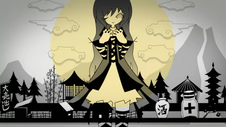 HD anime desktop wallpaper featuring a stylized Monogatari Series character standing in a traditional Japanese village scene with a large moon and cloudy sky backdrop.