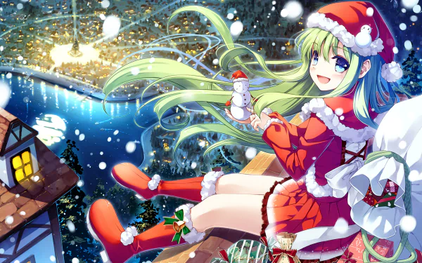 A cheerful anime character in a Christmas outfit sits on a rooftop, holding a snowman, with a snowy landscape and glowing city lights in the background. Ideal HD wallpaper for the season.