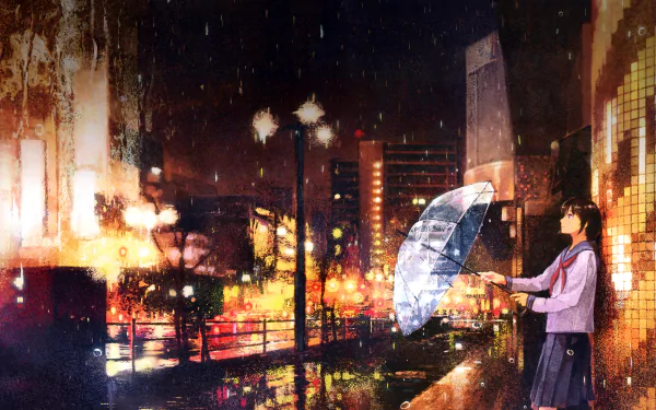 Anime-style HD wallpaper depicting a person with short hair standing in a city at night, holding an umbrella in the rain. The scene is illuminated with vibrant city lights and reflections.