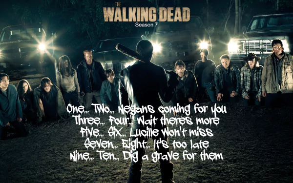 HD desktop wallpaper from The Walking Dead, featuring Negan with his group and a poem referencing his bat Lucille. Text reads: One... Two... Negan's coming for you... Nine... Ten... Dig a grave for them.