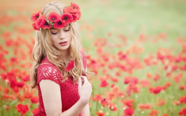 Women Mood Model Blonde Outdoor Wreath Red Dress Red Flower HD Wallpaper | Background Image