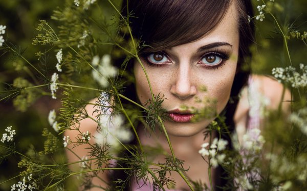 Women Face Model Brunette Brown Eyes Freckles HD Wallpaper | Background Image