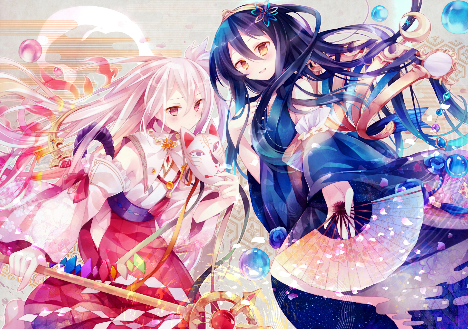 HD desktop wallpaper featuring two original anime characters in vibrant attire, one holding a fox mask and the other holding a fan, set against an elaborate, colorful background.