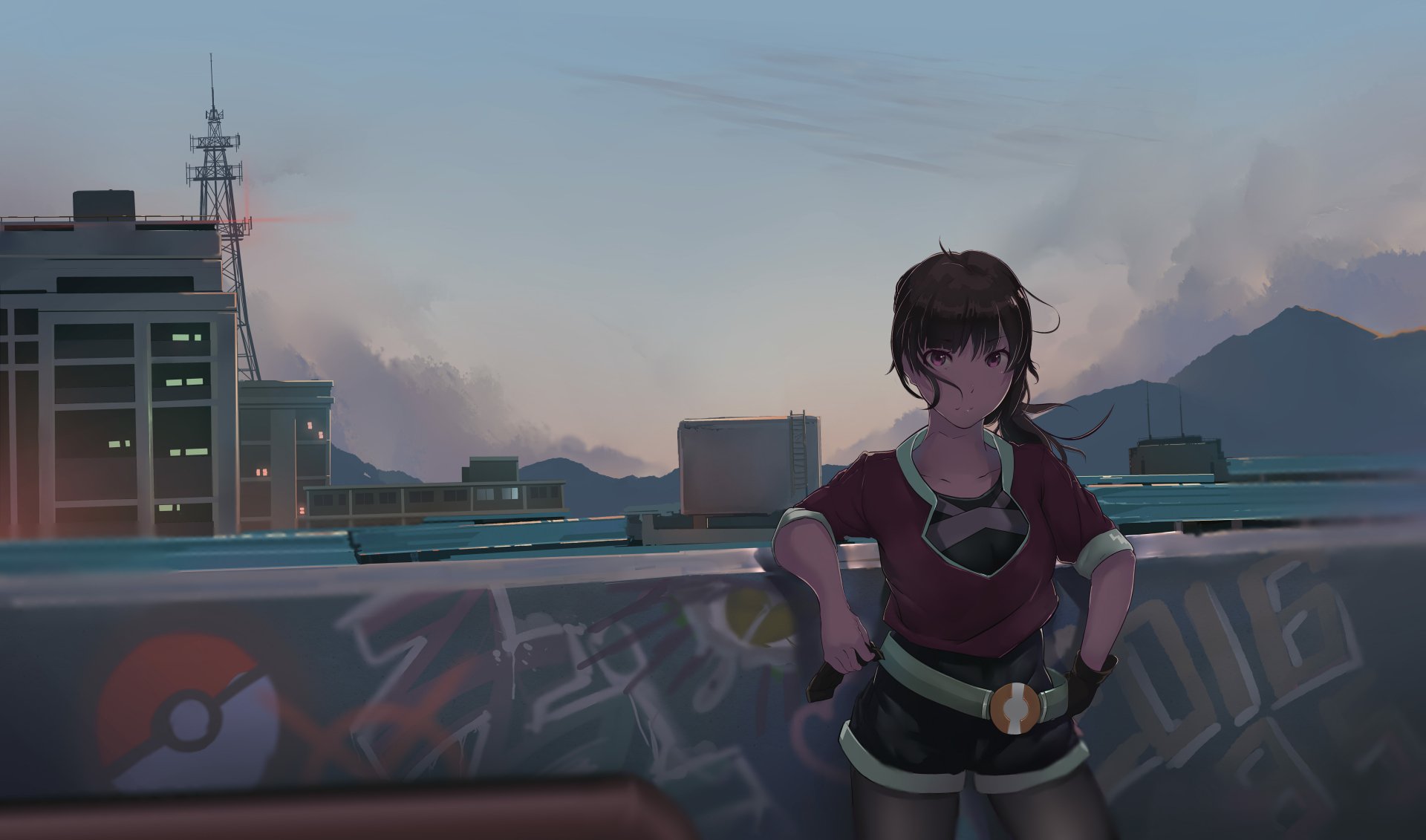 A vibrant 8K Ultra HD wallpaper featuring a character posed against a cityscape, with elements inspired by Pokémon Go, capturing an adventurous gaming atmosphere at dusk.