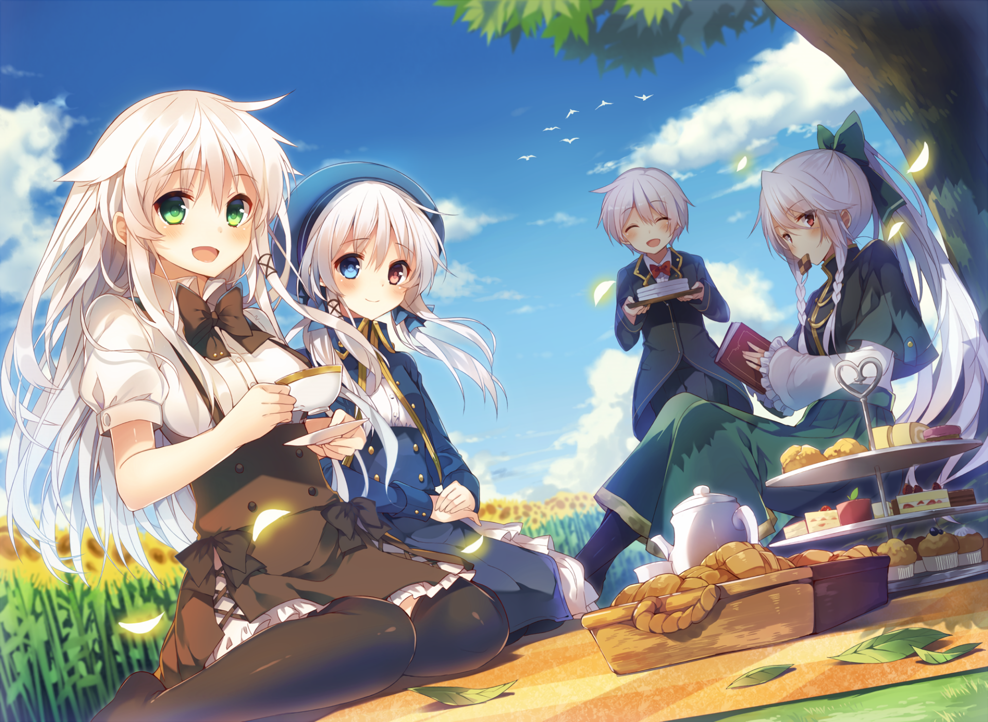 HD anime desktop wallpaper featuring four original characters with white hair enjoying a sunny outdoor picnic, set against a blue sky and lush greenery.