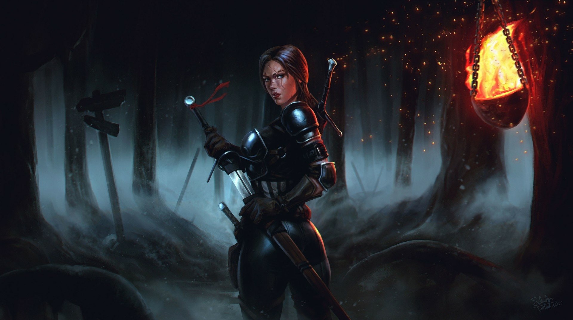 A woman warrior clad in dark armor stands in a misty forest at night, gripping a sword, illuminated by a fiery lantern in this dark fantasy HD desktop wallpaper.