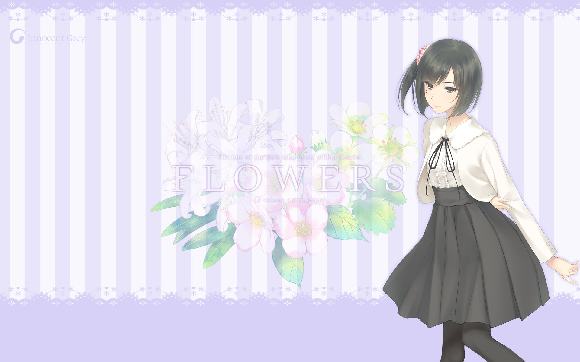 HD anime desktop wallpaper featuring Ichigo Sasaki standing against a pastel striped background with soft flowers and the word FLOWERS subtly displayed.