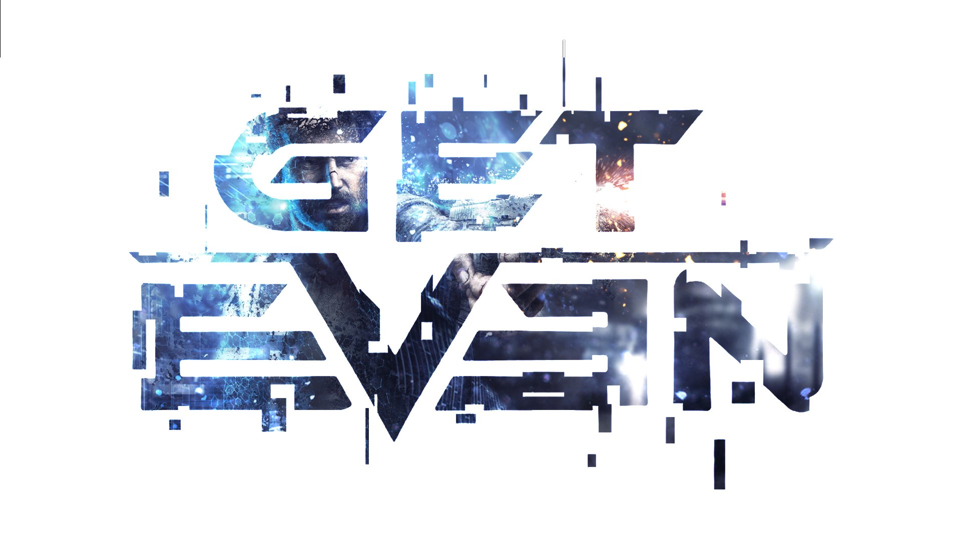 Glitchy GET EVEN video game logo in blue-white tones with fragmented text effect — HD PC desktop wallpaper/background.
