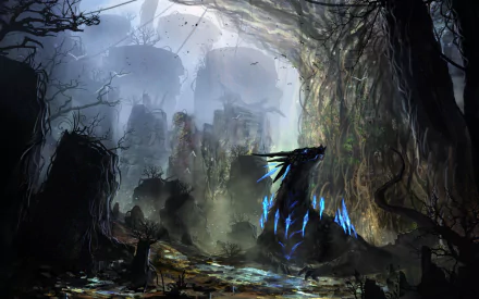 Fantasy HD PC desktop wallpaper featuring a glowing blue-accented dragon in a dark, eerie forest with ancient stone structures looming in the mist.
