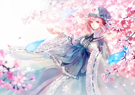 HD anime desktop wallpaper featuring Yuyuko Saigyouji from Touhou, surrounded by vibrant cherry blossoms and soft pastel colors.