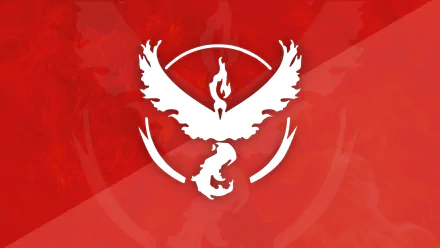 HD red desktop wallpaper featuring the white Team Valor emblem from Pokémon Go, designed as a dynamic video game background.