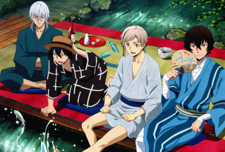 HD desktop wallpaper featuring anime characters Yukichi Fukuzawa, Ranpo Edogawa, Osamu Dazai, and Atsushi Nakajima from Bungou Stray Dogs, relaxing by a serene stream.