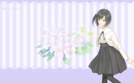 HD anime desktop wallpaper featuring Ichigo Sasaki standing against a pastel striped background with soft flowers and the word FLOWERS subtly displayed.